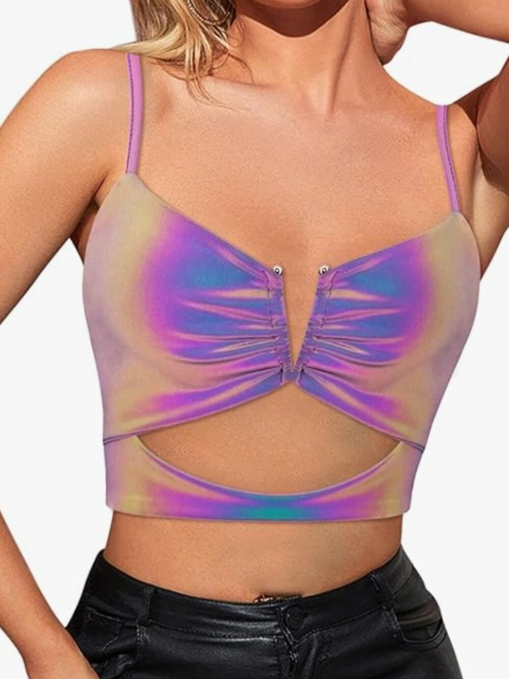 Haoohu Women's Reflective Crop Top Metallic Shiny Club Tank Top Festival
